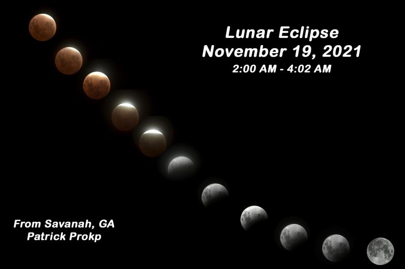 Composite image showing 11 stages of a partial lunar eclipse.