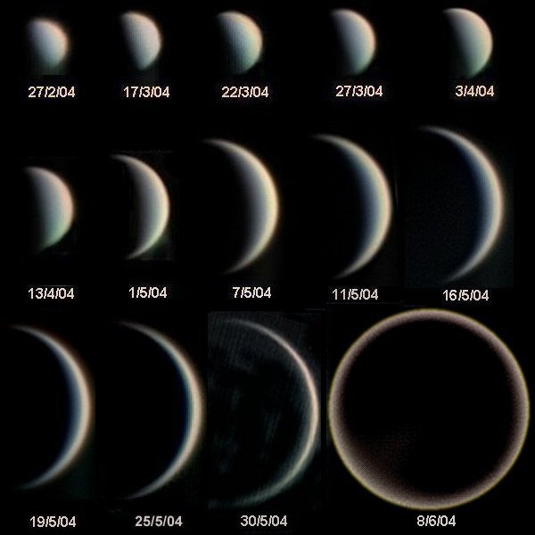 A series of 14 images of Venus at different phases from a half-disk to crescent.