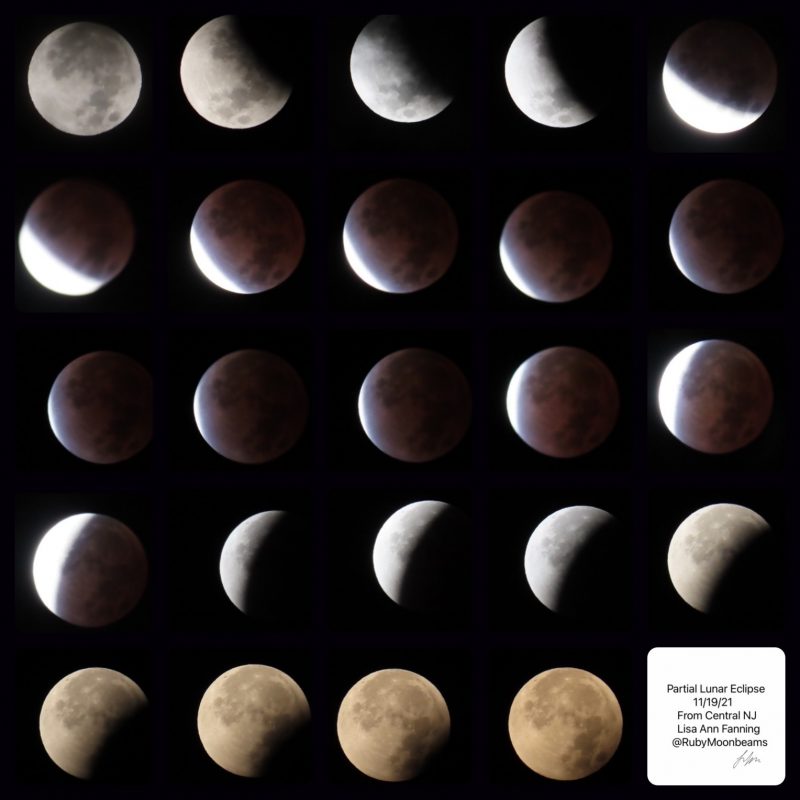 Collage of 25 phases of the lunar eclipse.