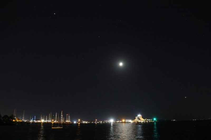 Planet-observing: The moon and 3 planets in line, above a harbor with glittering lights along the shore.