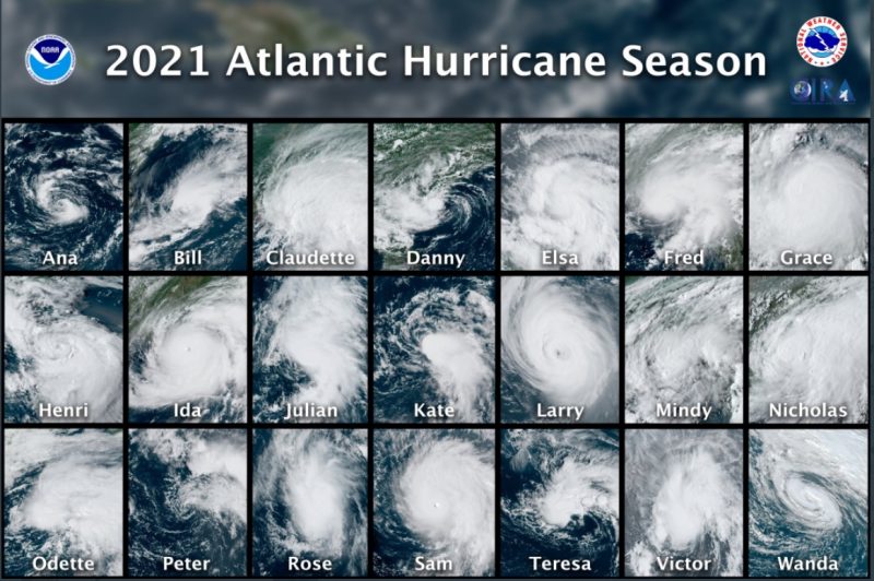 Grid with 3 rows and 7 columns showing photos of hurricanes and their names for 2021.