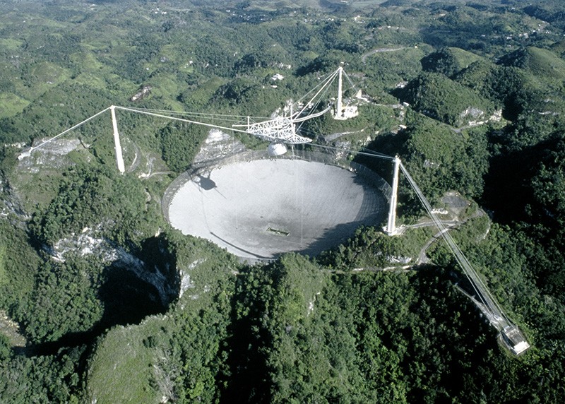 Dish-type radio telescope, built into a natural depression in the landscape.