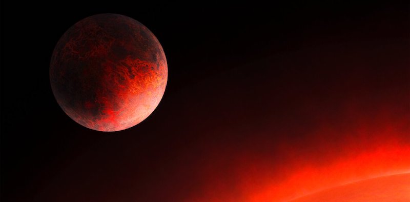 Small rocky planet lit up in red, very close to its red star.
