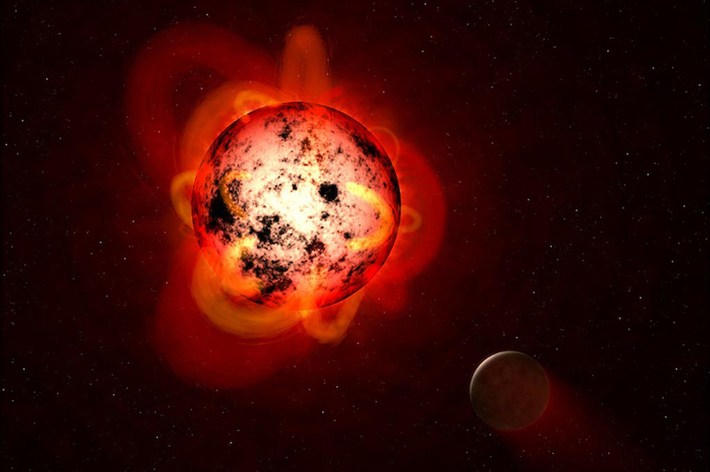 Small Mars-sized exoplanet orbiting close to its flaring red star.