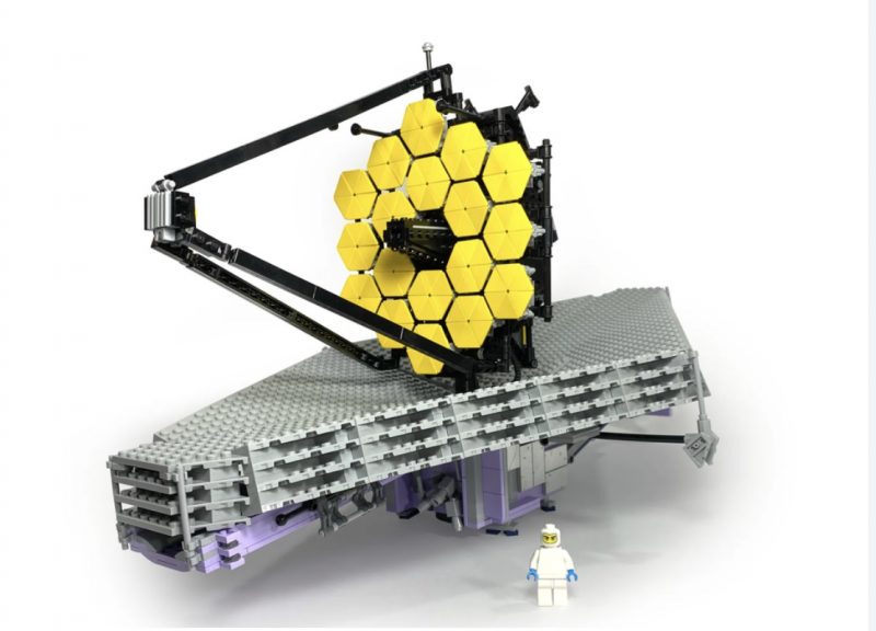 James Webb Space Telescope made from tiny plastic blocks in several colors.