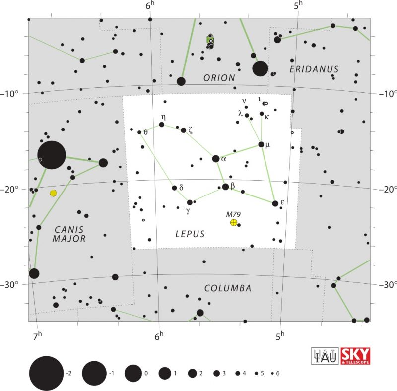 Star chart with white background and black dots and labels Lepus and Greek letters.