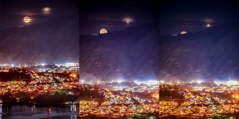 Three images showing the moon and Venus rising over  a mountain with lights of a city in front.