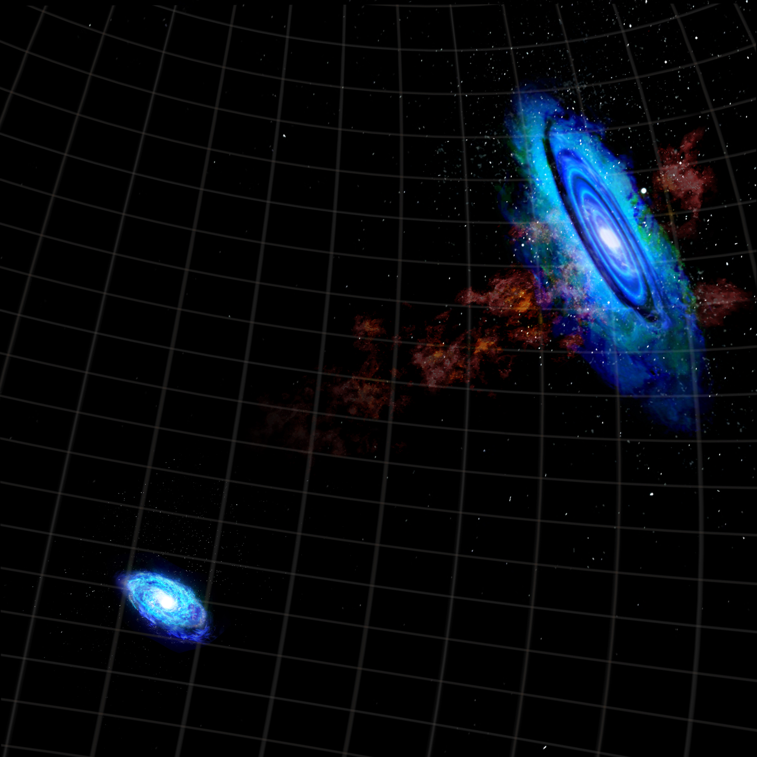 An illustration of two galaxies, one being the Triangulum Galaxy in the lower left, and the larger Andromeda Galaxy in the upper right. The galaxies appear as nebulous blue spirals. A gas cloud bridge, colored as wispy clumps of red, is seen extending from the larger galaxy towards the smaller one. 