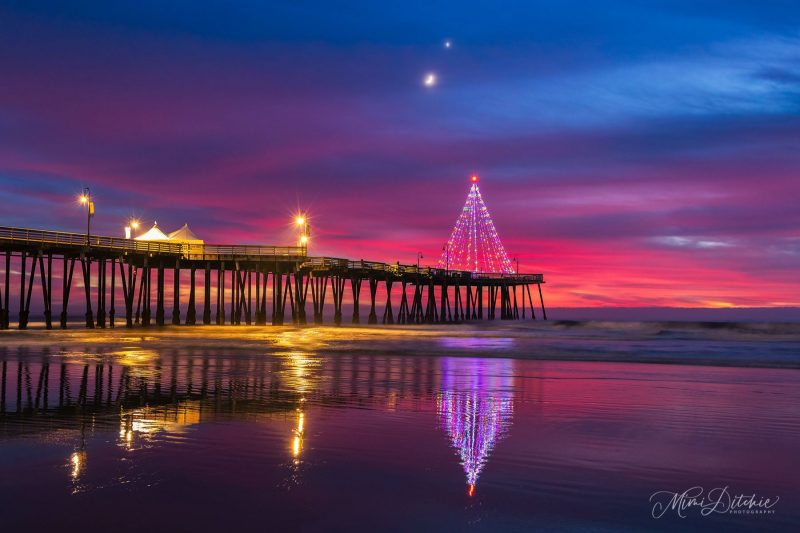 Lit-up tree at end of a pier with colors of sunset and moon and planet above.