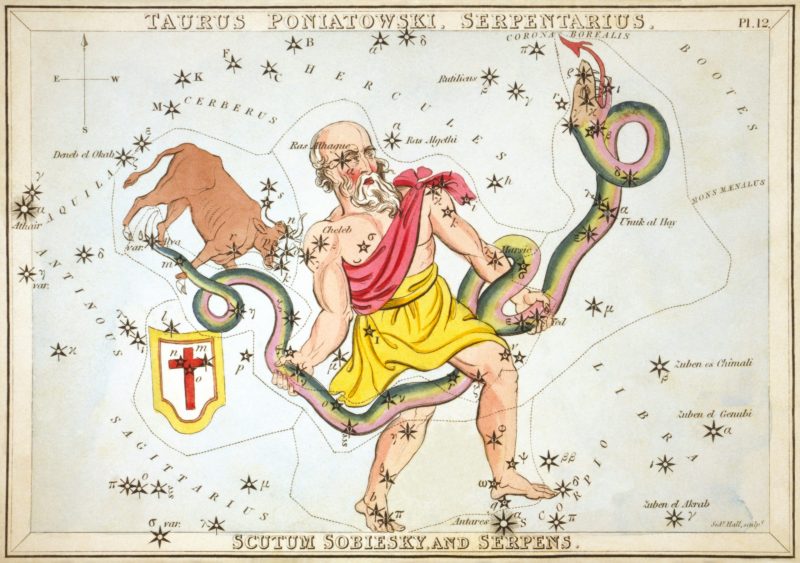 Zodiac constellations: Old man in Grecian garb holding a long writhing snake, with stars scattered around.