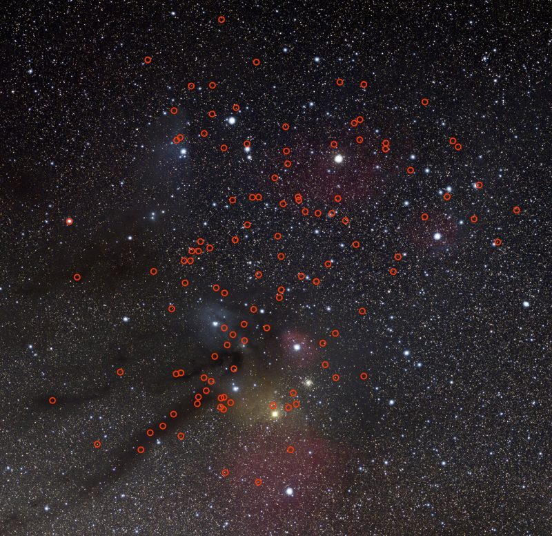 Красочный звездный вид Ро Змееносца, разбросанный десятками красных кругов.