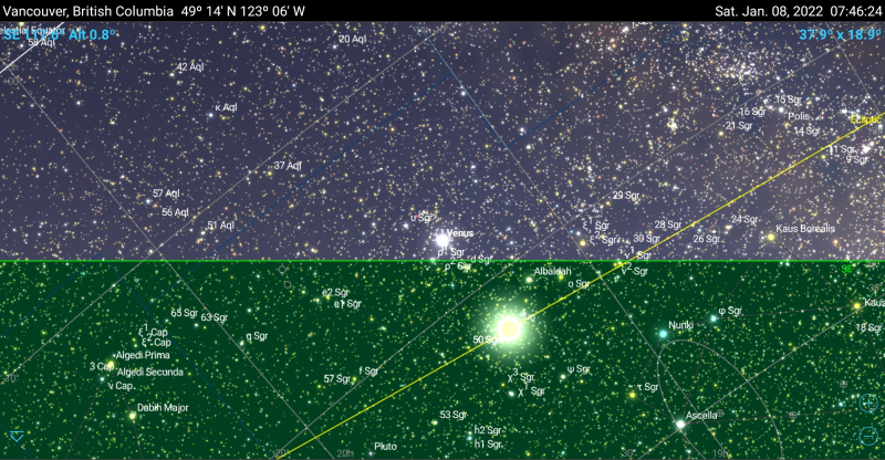 Star chart with a lower green section depicting the section of the sky below ground. One bright light (sun) with a yellow line depicting its path on the sky, and a lesser bright (Venus) to its north.
