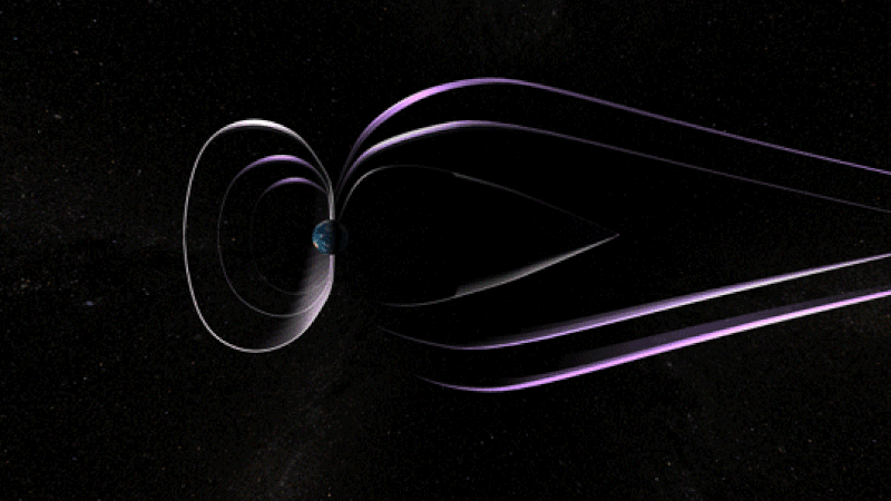Earth with lines of magnetic field around it and explosion bouncing off lines.