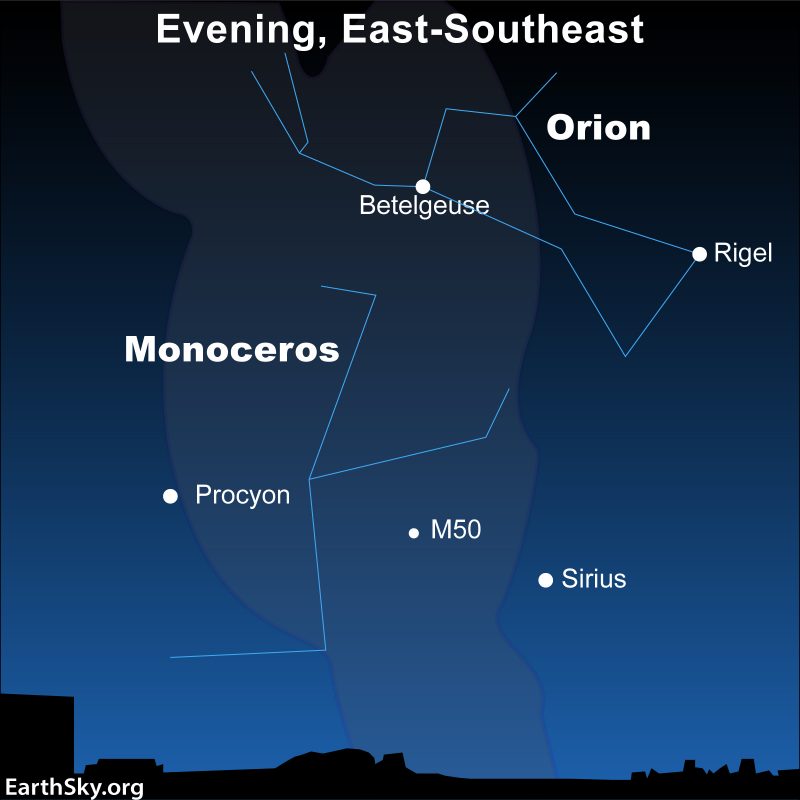 Sky chart showing Orion floating above Monoceros the Unicorn.