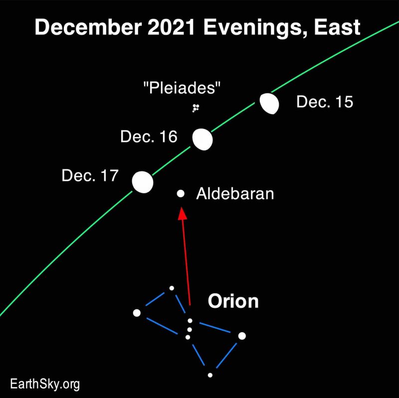 A chart showing the moon moving past Aldebaran. Aldebaran is in the middle, Orion is below it, the Pleiades is above. The moon is between the Pleiades and Aldebaran during December 15, 16 and 17. 