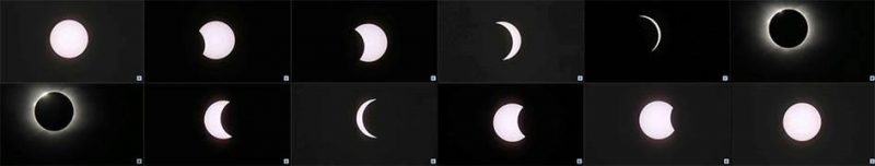 12 views of sun, from full through crescent to totally eclipsed and back.