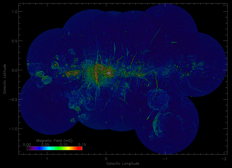 Colorful image of Milky Way center, but instead of showing radio structures showing magnetic fields.