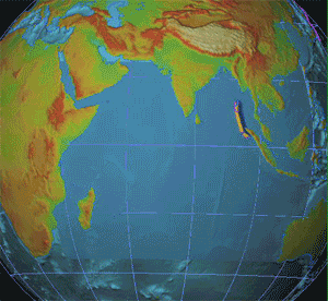 Animace Indického oceánu, obrovská vlna, která začíná v Indonésii, dosahuje Indie a Somálska.
