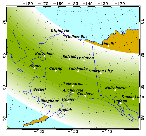 Map of Alaska with cities, most of it covered in wide green arc.