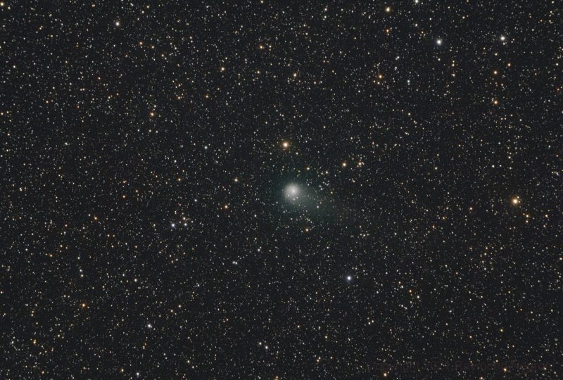 Dense starfield with fuzzy greeish spot with a short tail in the middle.