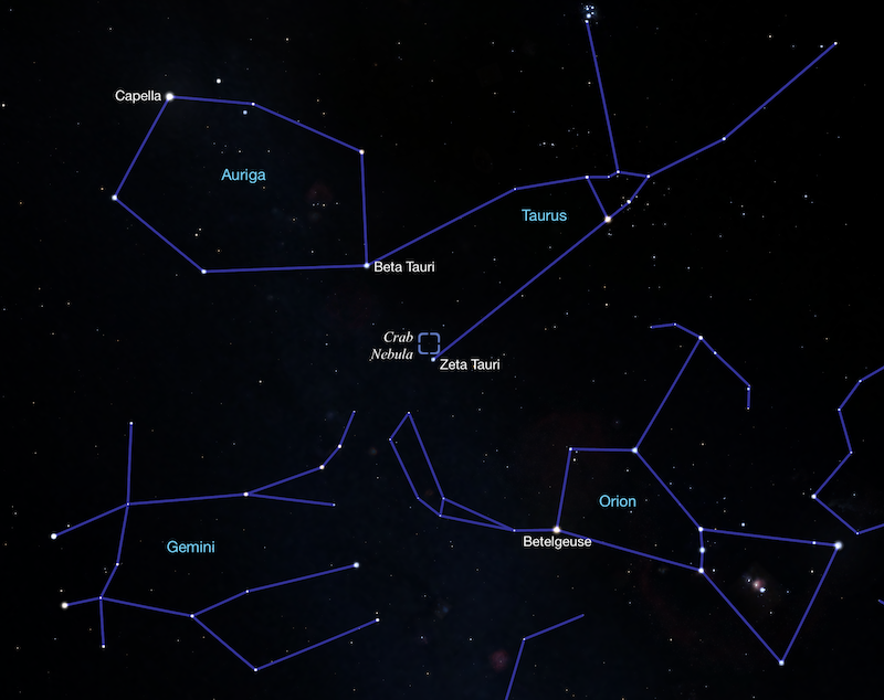 Star chart with white dots representing stars, some labeled. Constellation lines in blue and labeled.