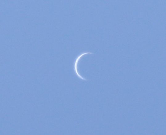 Light blue background with thin crescent shape in white.