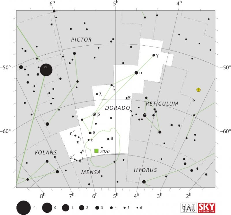 Star chart with stars in black on white showing Dorado constellation and Large Magellanic Cloud.