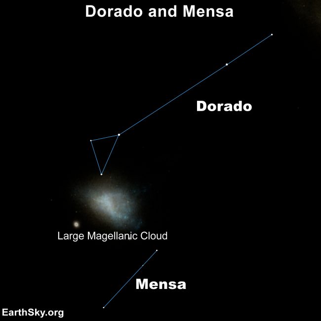 Star chart: Constellations Dorado and Mensa with gray, blurry patch, the Large Magellanic Cloud, between.