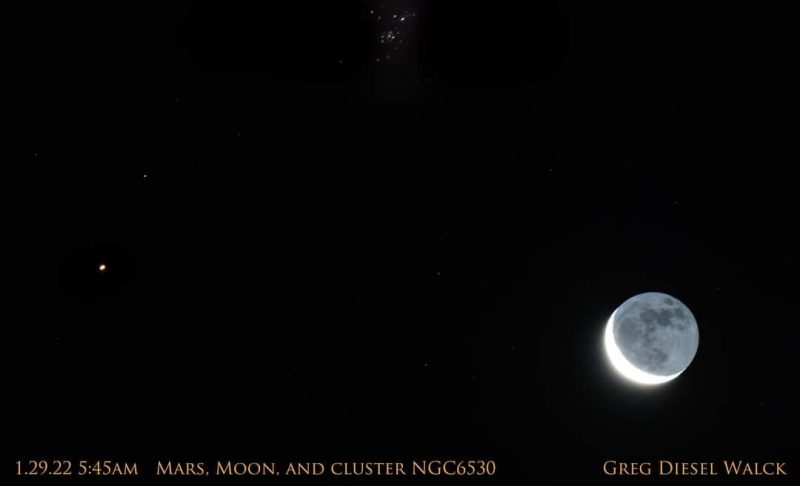 Crescent moon and Mars.