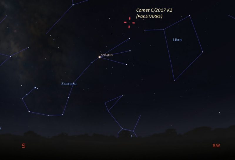 Star map showing Scorpius and red marks for comet at top.