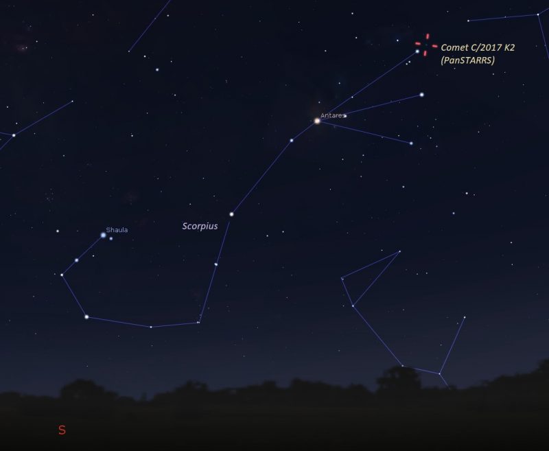 Star map showing Scorpius and red marks for comet at top.