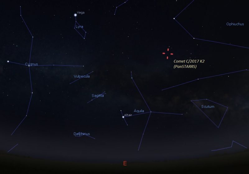 Constellations making up the Summer Triangle with red marks at upper right for comet.