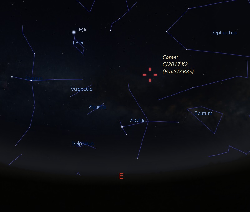 Constellations making up the Summer Triangle with red marks at center for comet.