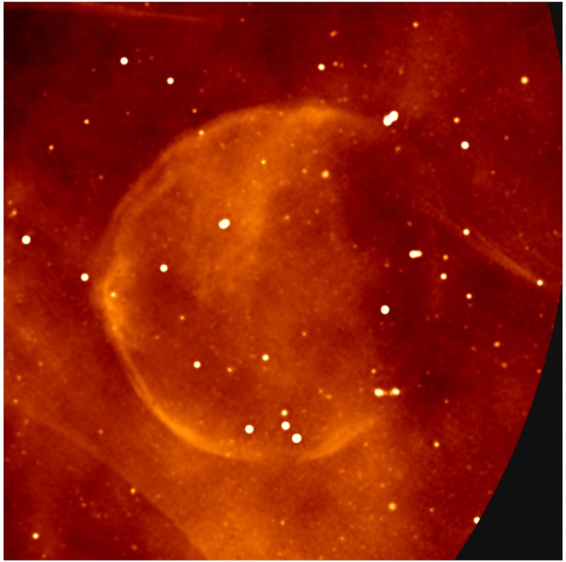 Orangish-red bubble with white dots.