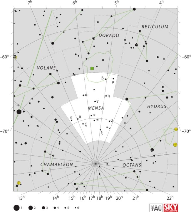 Chart with stars in black on white of constellation Mensa and outline of Large Magellanic Cloud.