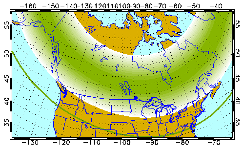 Map of North America with thick green arc and thin green line across it.