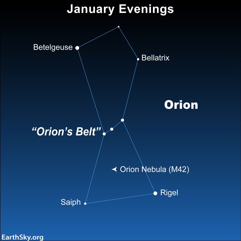 Orion the Hunter: Star chart with labeled dots for stars and light blue lines tracing the constellation Orion.