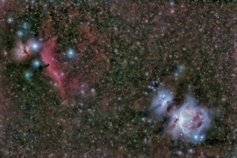 Region thick with stars and red gas with horsehead shape on left and blue-white gas on right.