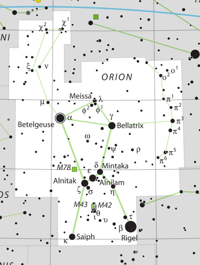 A star map of Orion (in green lines) with its stars and many others, in black on white.