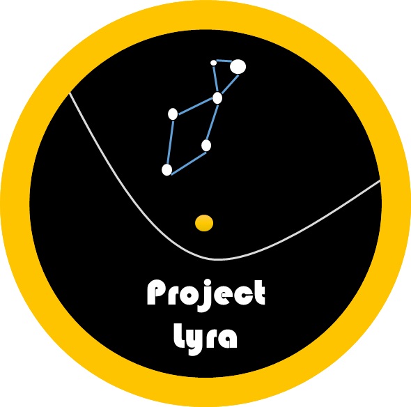 Lyra constellation on black background with hyperbolic line and yellow border.