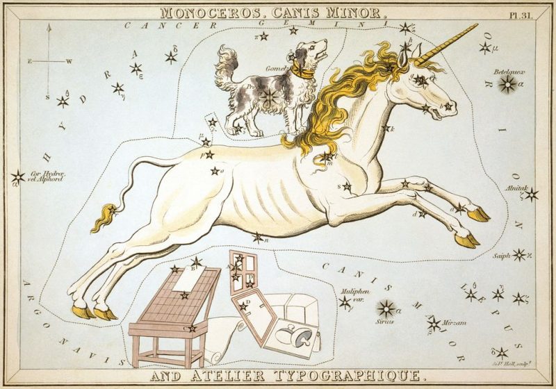 Antique colored etching of a spaniel dog standing on a unicorn's back, with scattered stars.