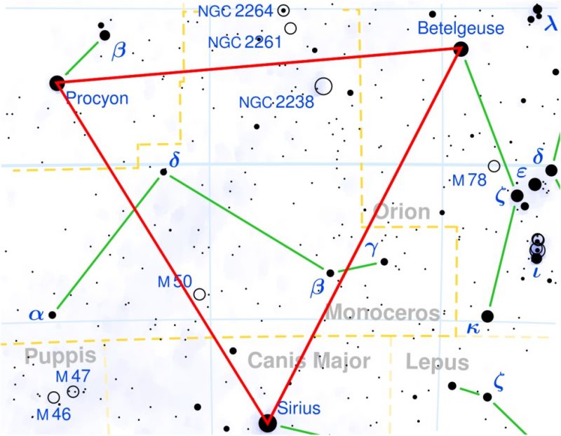 Star chart with labeled black dots for stars and a red triangle connecting three of them.