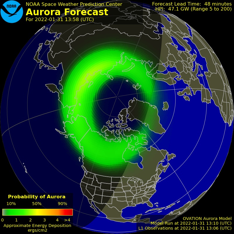 Map with wide green crescent representing aurora coverage extending to northern Canada.