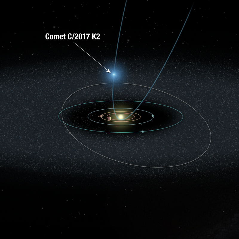 Diagram: oblique view of solar system orbits with steep curved line of comet's orbit.