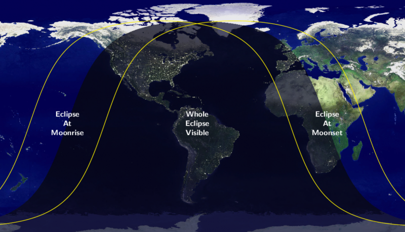 Total lunar eclipse: Map of Western Hemisphere showing areas of visibility of total lunar eclipse.