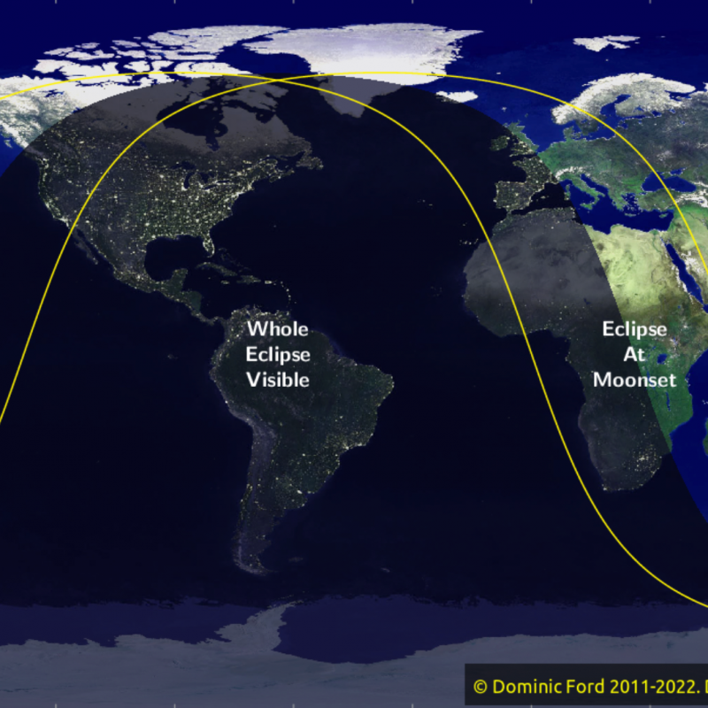 Map showing areas of visibility of May 15-16, 2022 total lunar eclipse.