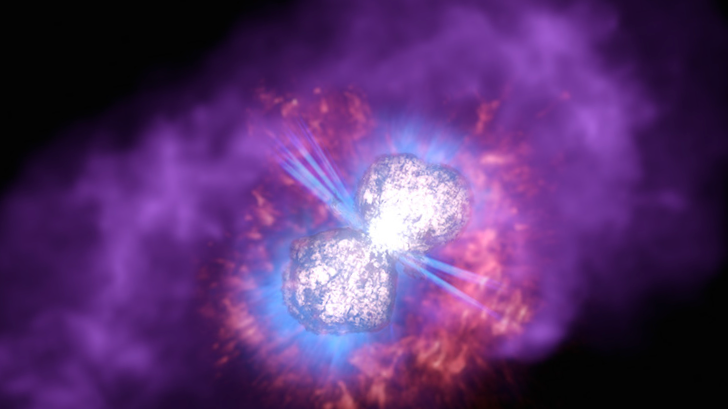Eta Carinae: Exploding star in a silver color surrounded by blue, red and purple clouds.
