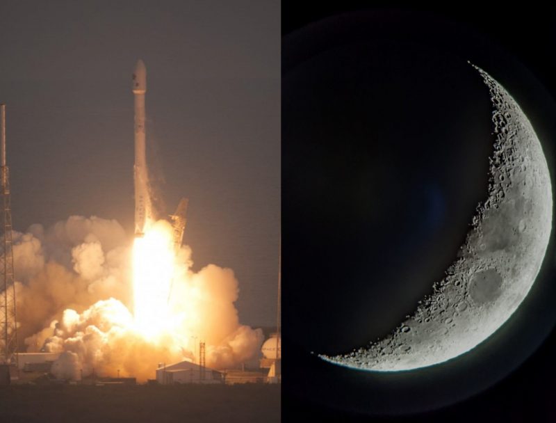 Two-panel image with a rocket launch to the left and a crescent moon to the right.