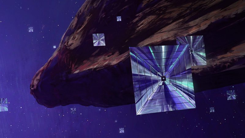 Interstellar visitor: Rocky reddish shape surrounded by silver square plate-like objects in space.