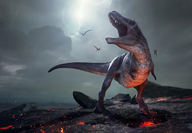 Month of dinosaur extinction: T-Rex with open mouth full of teeth standing on crumbling earth with gray sky.